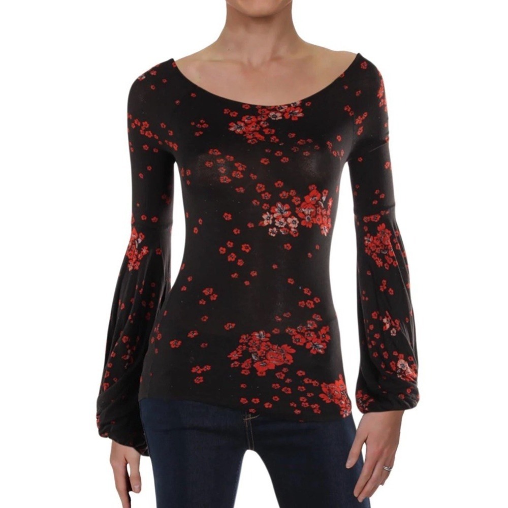 Free People To The Tropics Blouse Size S Floral Printed Black Bishop Sleeve